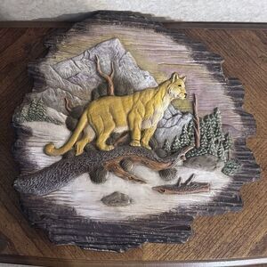 Vintage‎ Hand Painted Wildlife Mountain Lion / Wall Art 3D CeramicPlaque